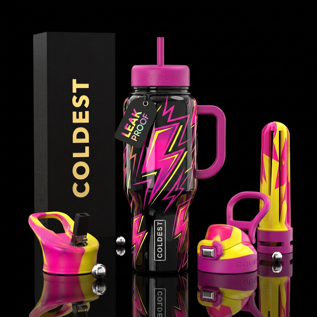 Fuchsia and yellow lightening bolts on shiny black... water bottle design