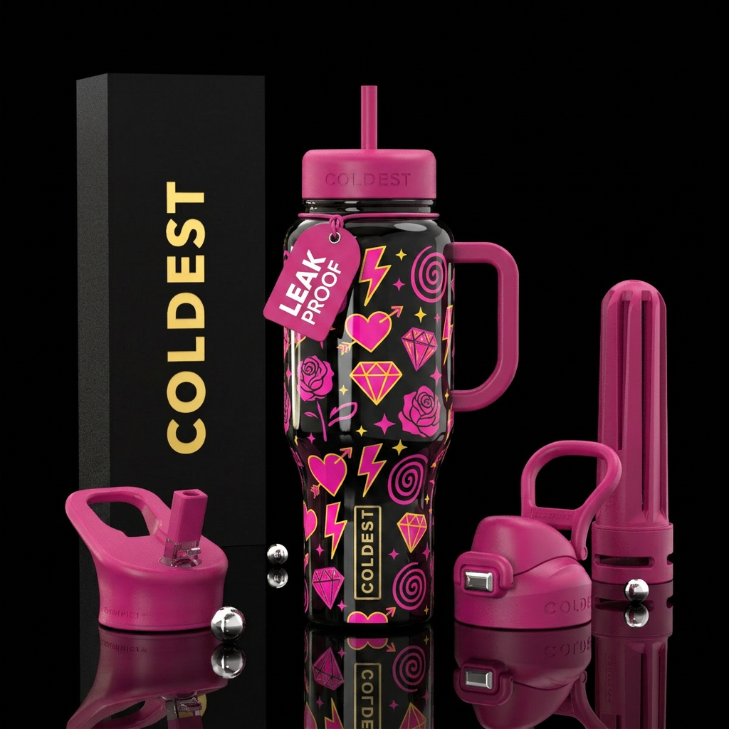 Fuchsia and yellow lightening bolts, hearts with a... water bottle design