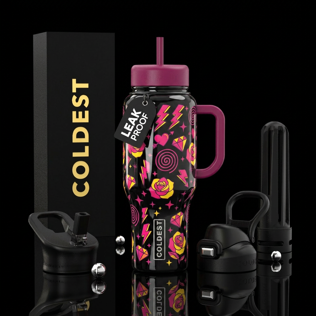Fuchsia and yellow lightening bolts, hearts with a... water bottle design