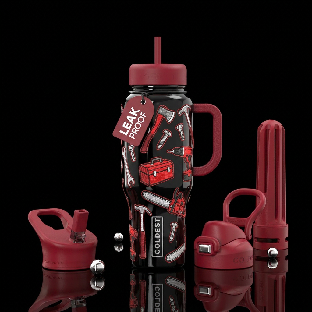 Red and white stitched axes, hammers, screws, bolt... water bottle design