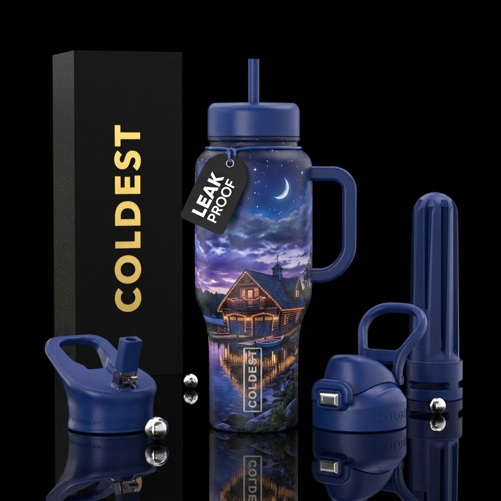Beautiful boathouse on a beautiful shore. Lights d... water bottle design
