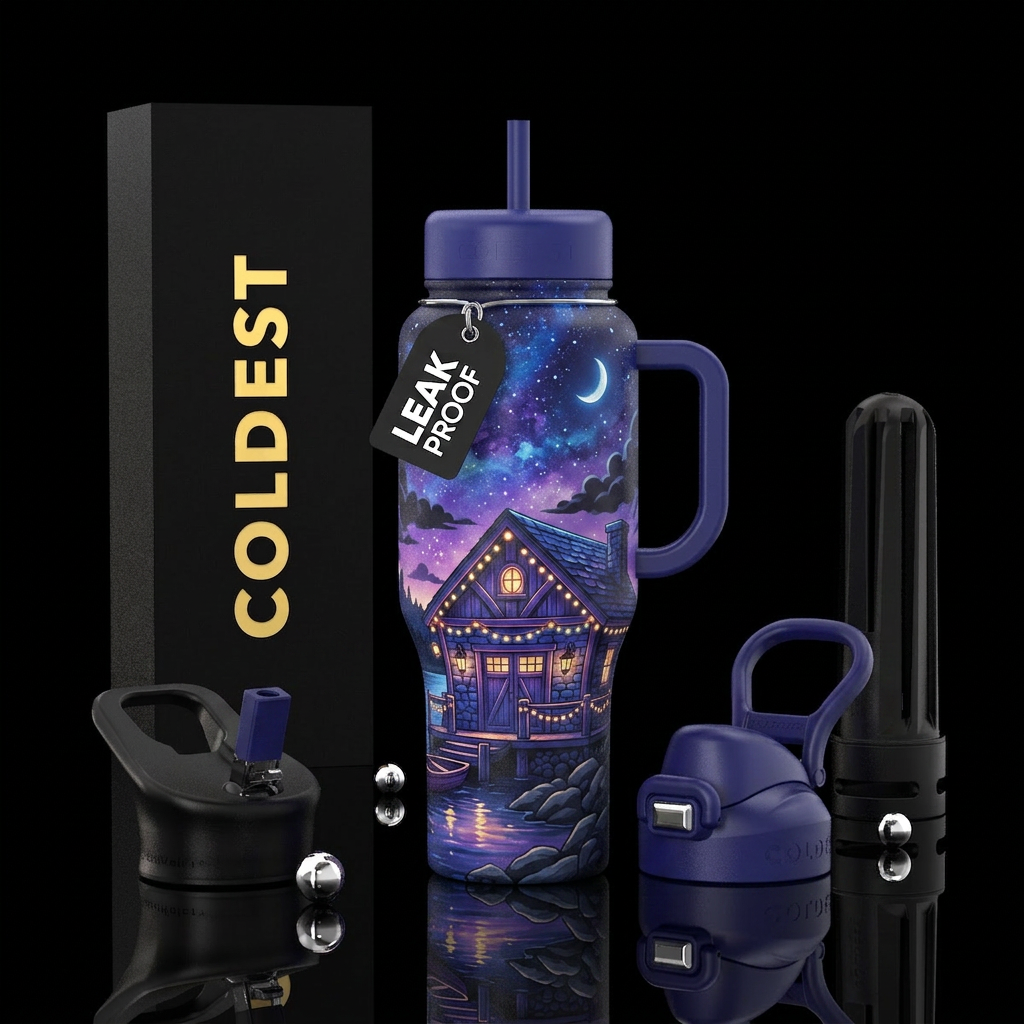 Beautiful boathouse on a beautiful shore. Lights d... water bottle design