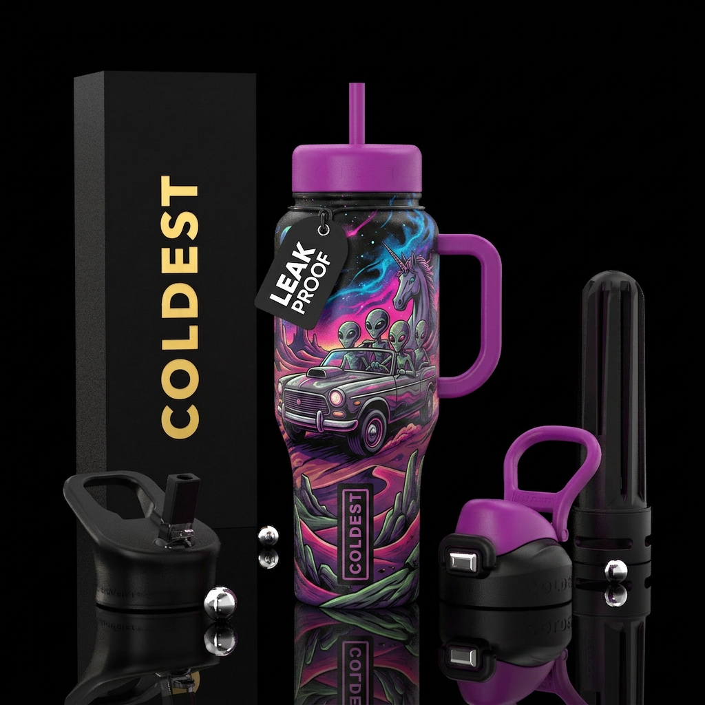 Aliens driving in a car on a dessert with a unicor... water bottle design