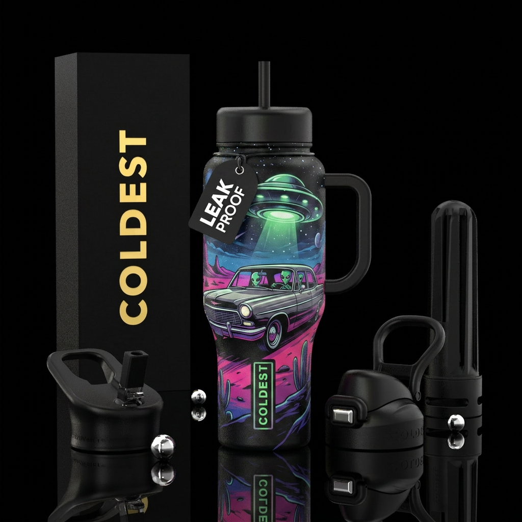 Aliens driving in a car on a dessert with a ufo in... water bottle design