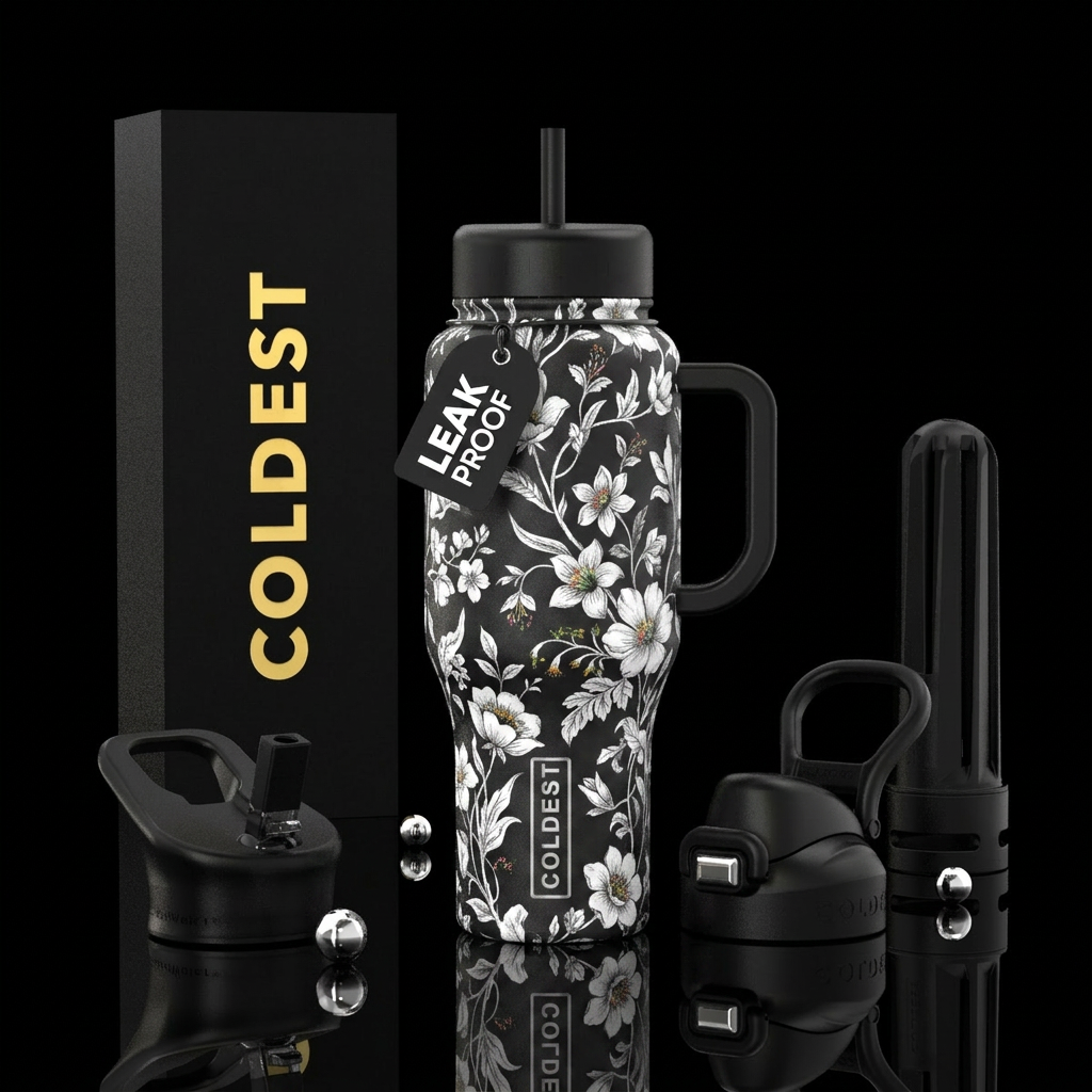 Black and white flower pattern water bottle design