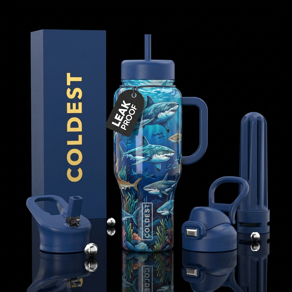 Painted sharks in deep blue Sea, with sea plants water bottle design