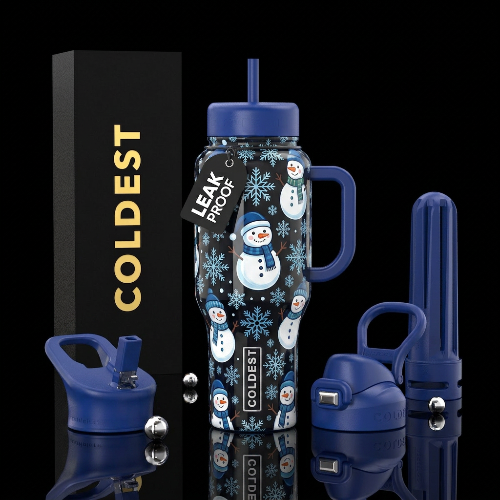 Snowmen and snowflakes water bottle design