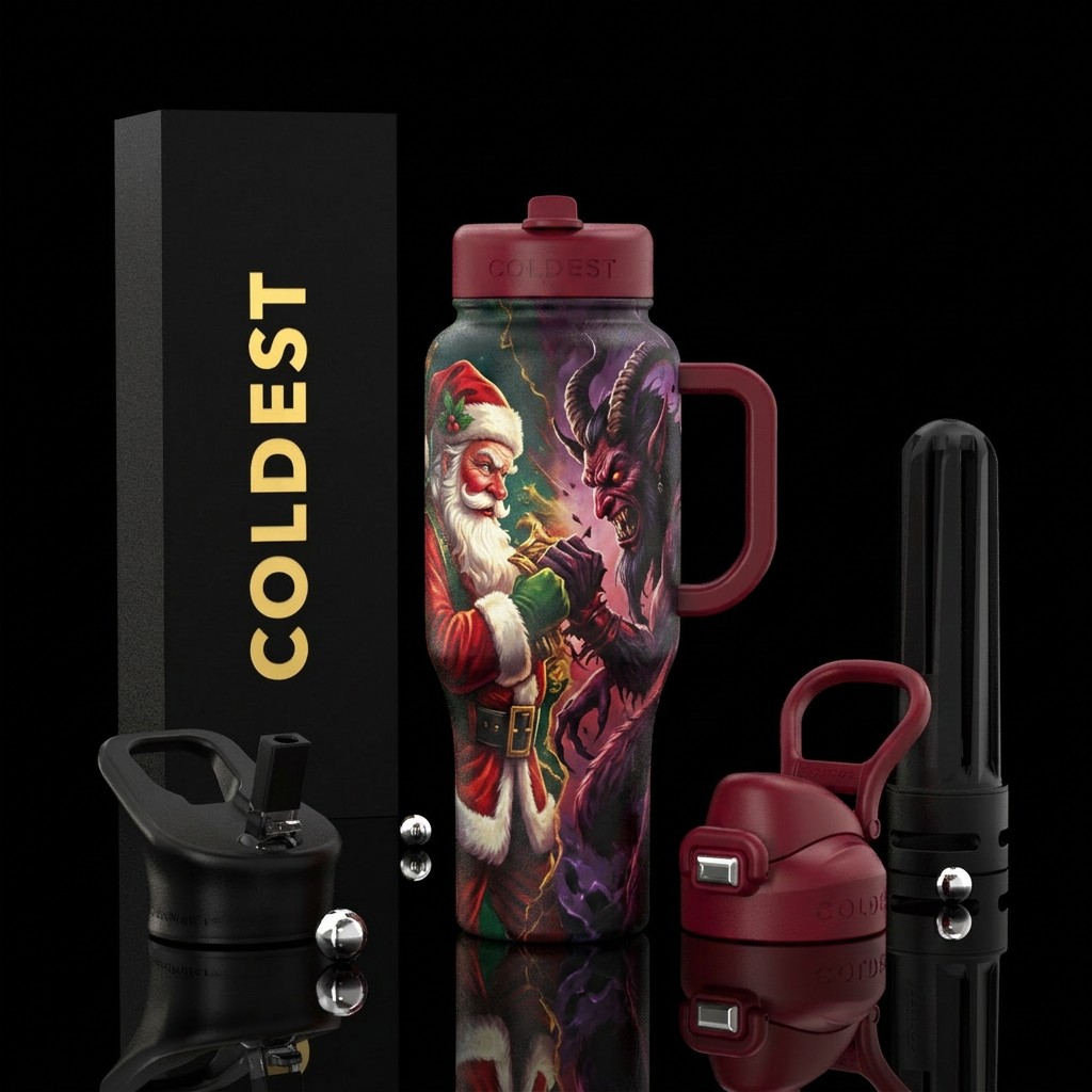 Naughty or nice,  Santa or krampus, no text on bot... water bottle design
