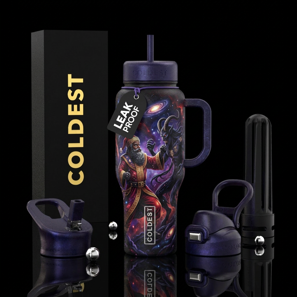 Black Santa vs krampus. Imbued, beautiful vibrant,... water bottle design