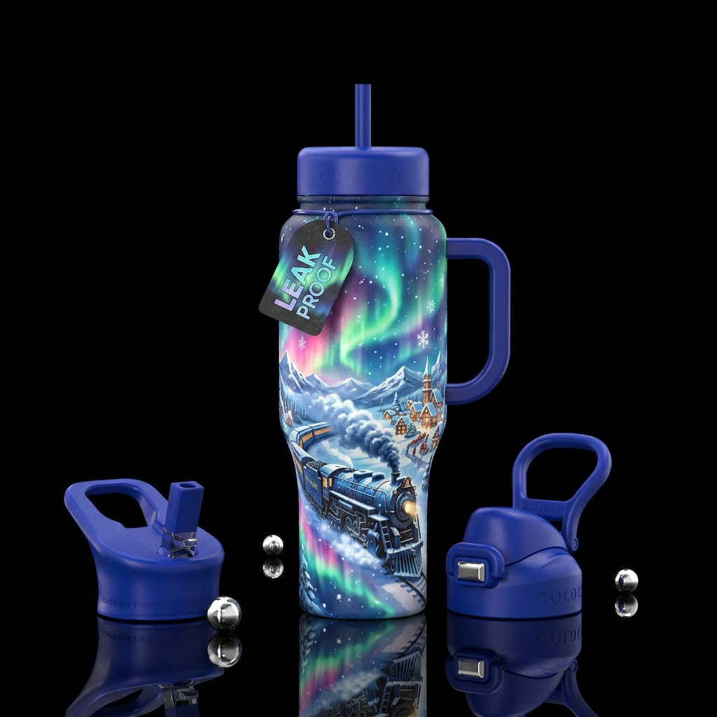 The polar express to the north pole. Snow flakes n... water bottle design