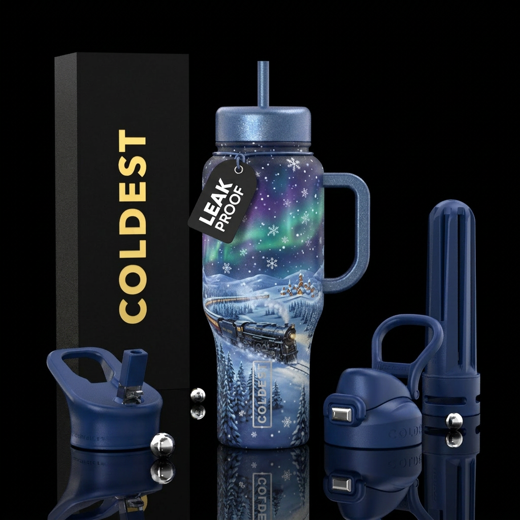The polar express to the north pole. Snow flakes n... water bottle design