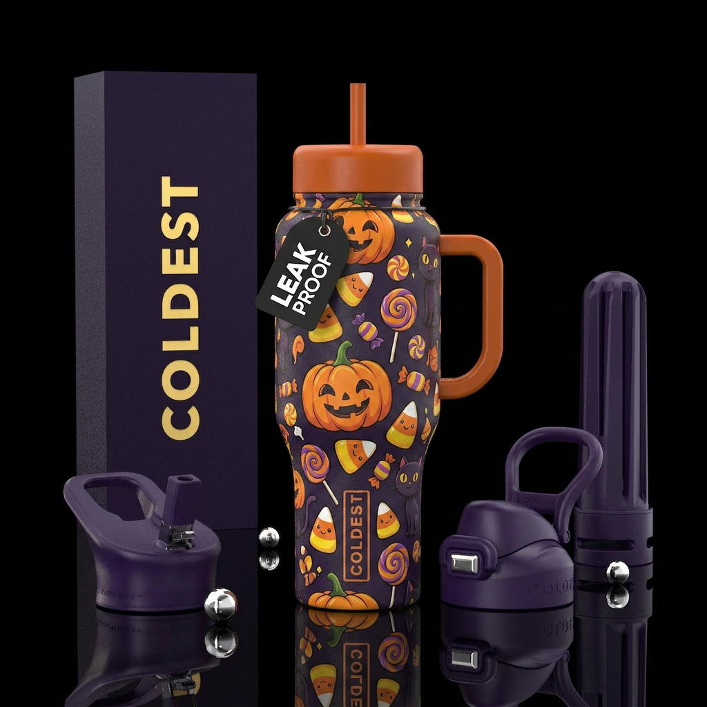 Cartoon pumpkins, Candy corn, lollipops, and black... water bottle design