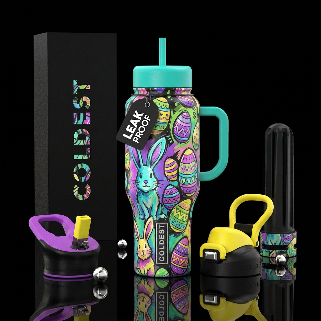 Easter bunny, and Easter eggs, beautiful vibrant c... water bottle design