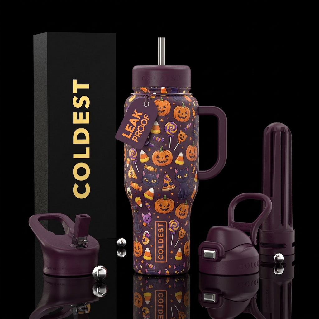 Cartoon pumpkins, Candy corn, lollipops, and black... water bottle design