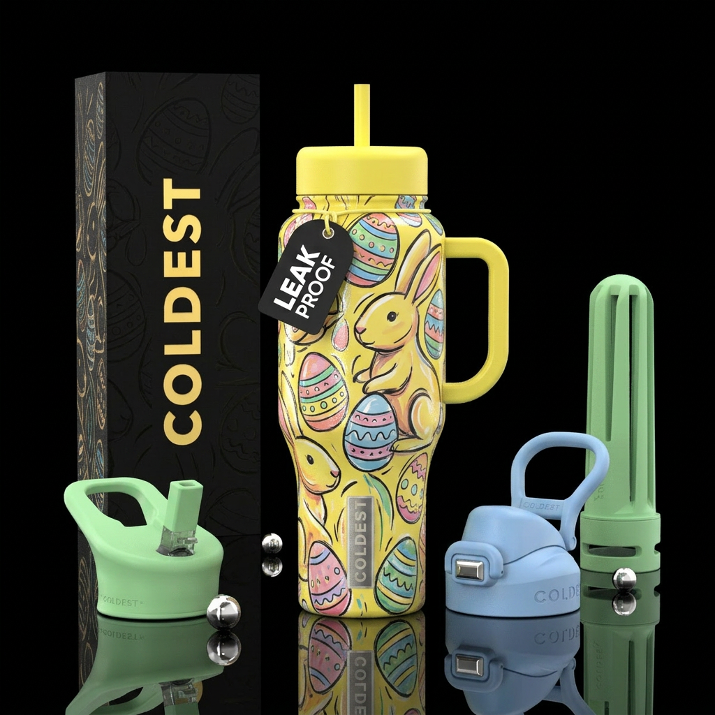 Easter bunny, and Easter eggs, beautiful vibrant c... water bottle design