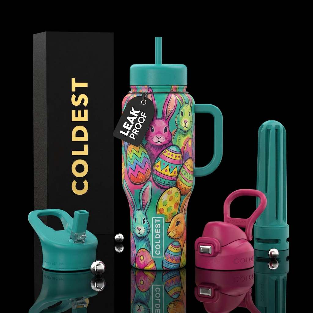 Easter bunny, and Easter eggs, beautiful vibrant c... water bottle design