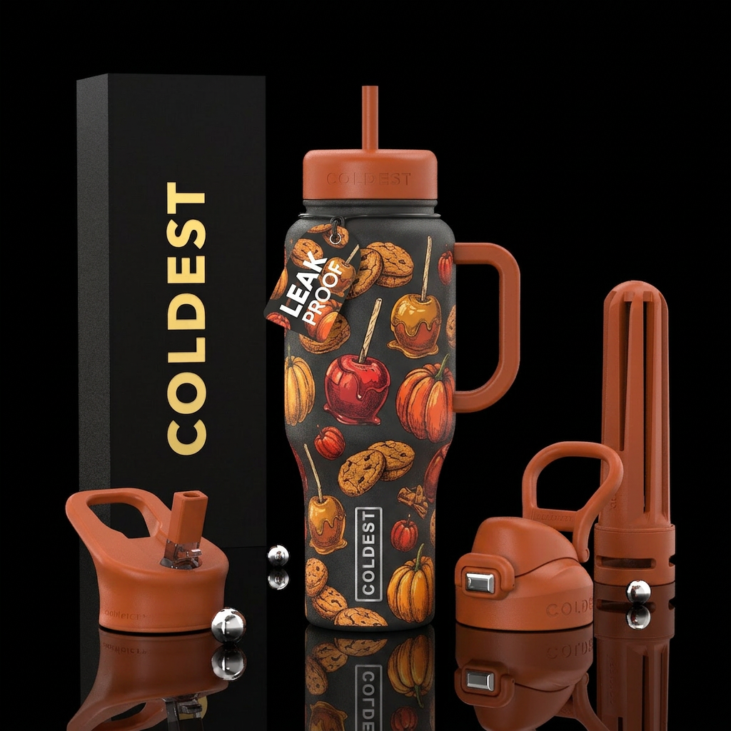 Sketched ginger snaps, Candy apples, and pumpkins water bottle design