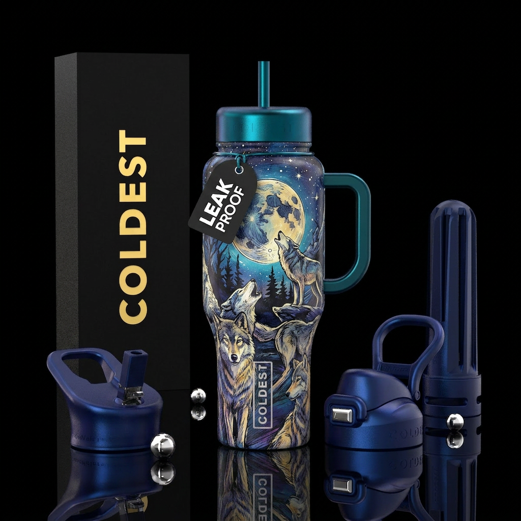 Sketched wolves in the moonlight and stars water bottle design