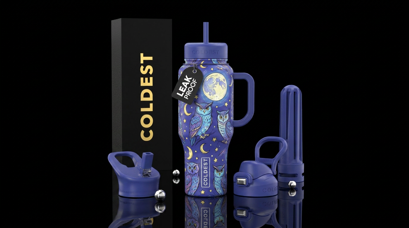 Sketched owls in the moonlight and stars water bottle design