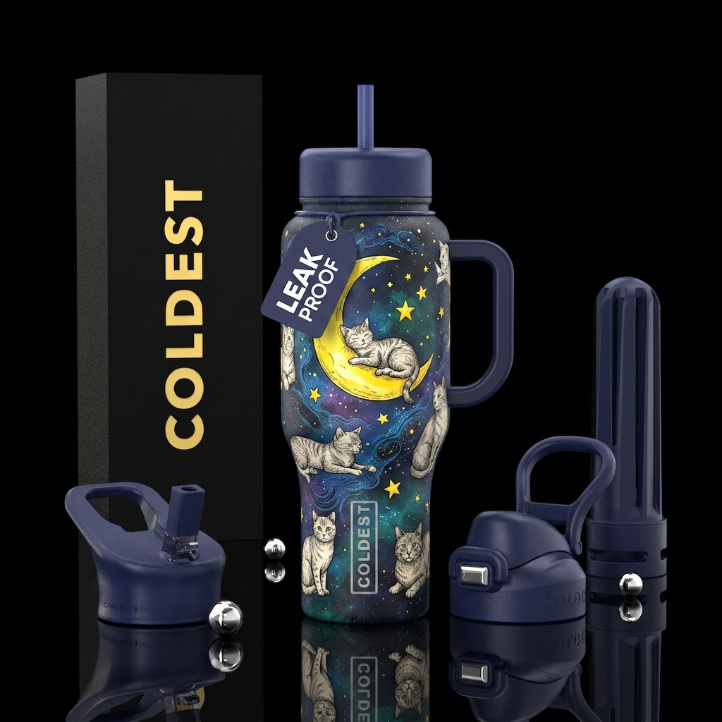 Sketched cats in the moonlight and stars water bottle design