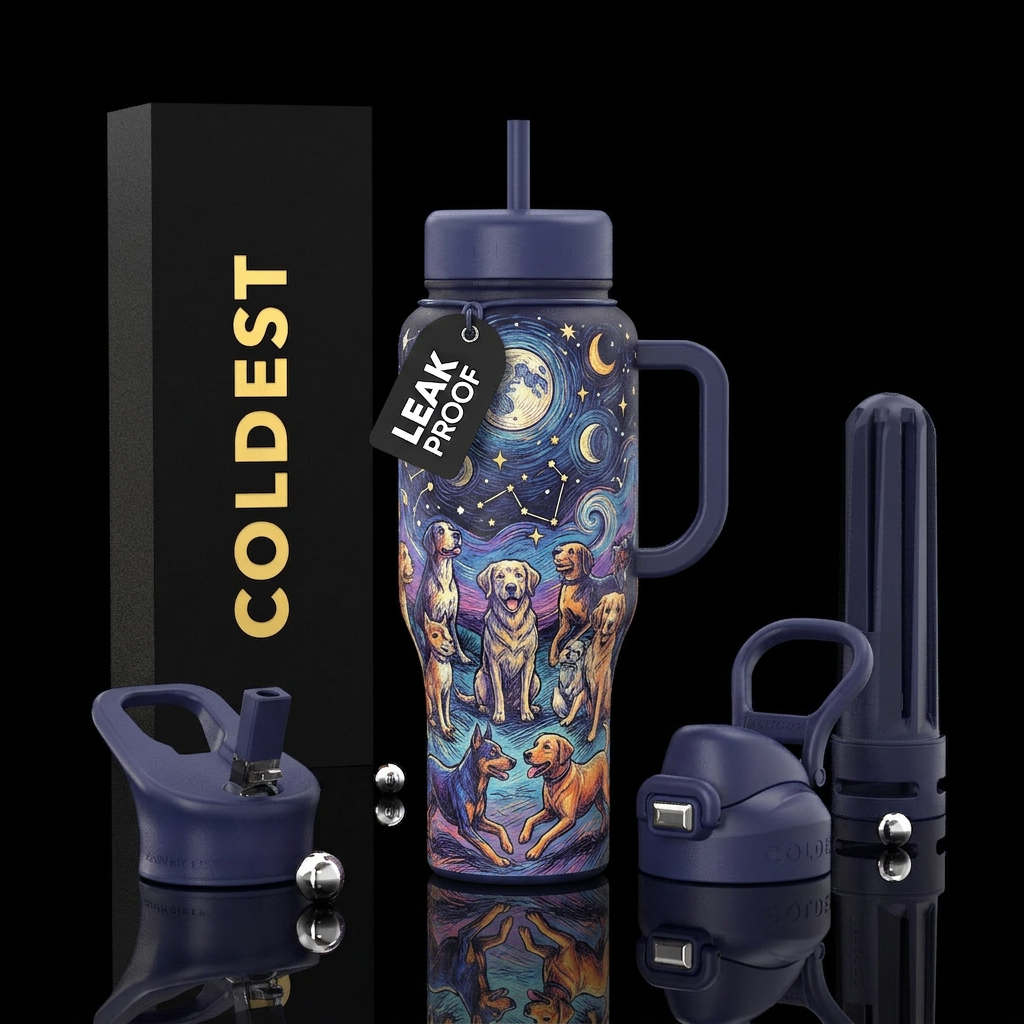 Sketched dogs in the moonlight and stars water bottle design