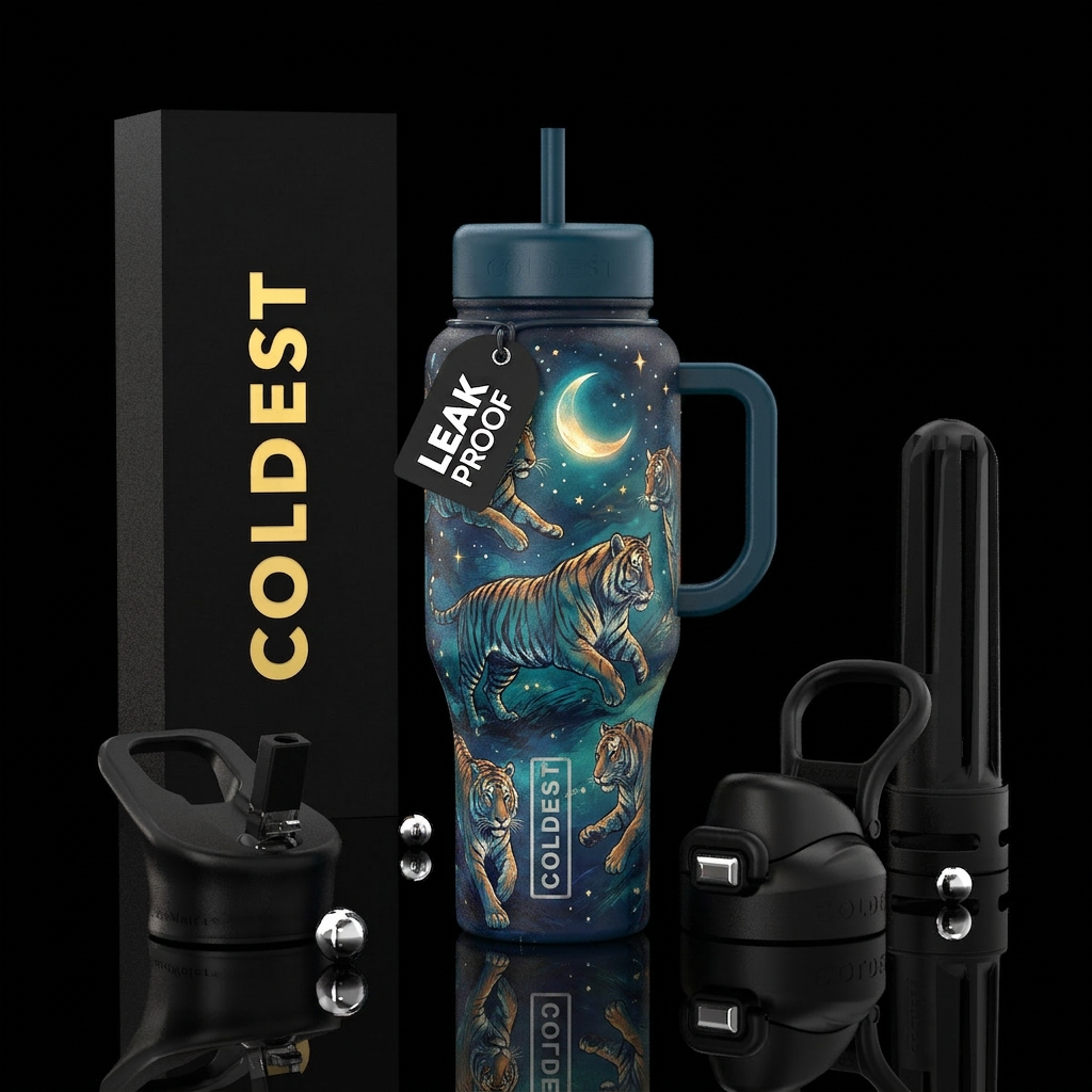 Sketched tigers in the moonlight and stars water bottle design