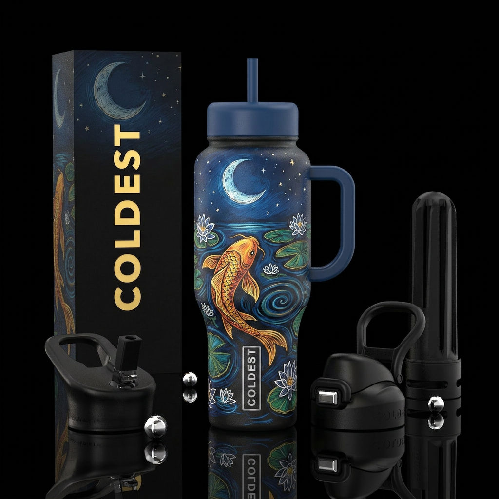 Sketched koi fish in the moonlight and stars and b... water bottle design