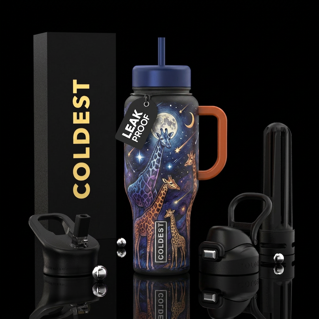 Sketched giraffes in the moonlight and stars water bottle design