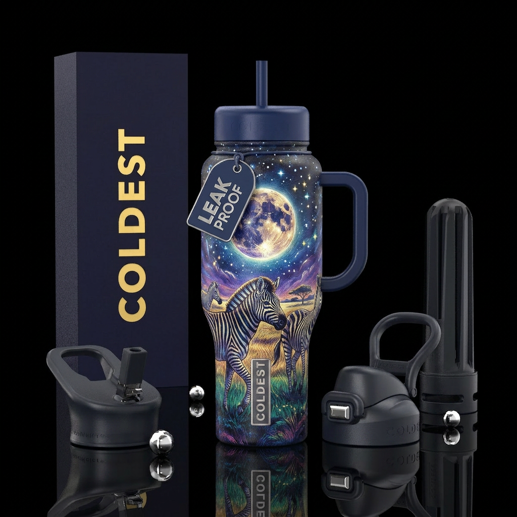 Sketched zebras in the moonlight and stars water bottle design