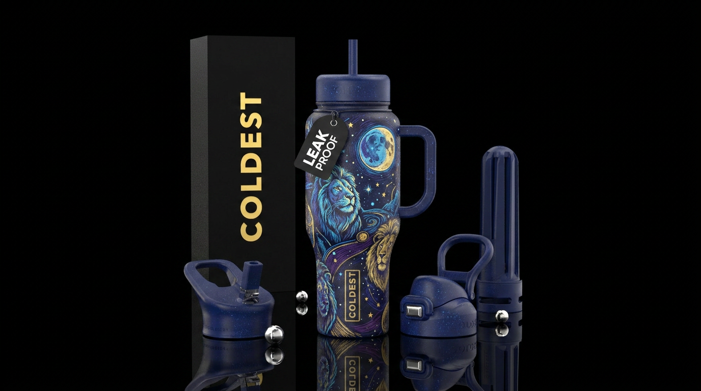 Sketched lions in the moonlight and stars water bottle design