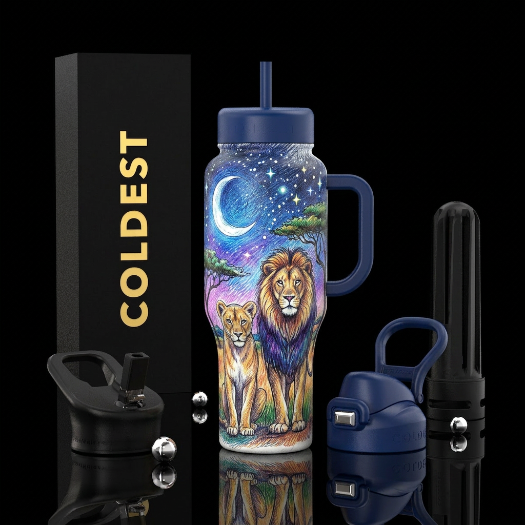 Sketched lions in the moonlight and stars water bottle design