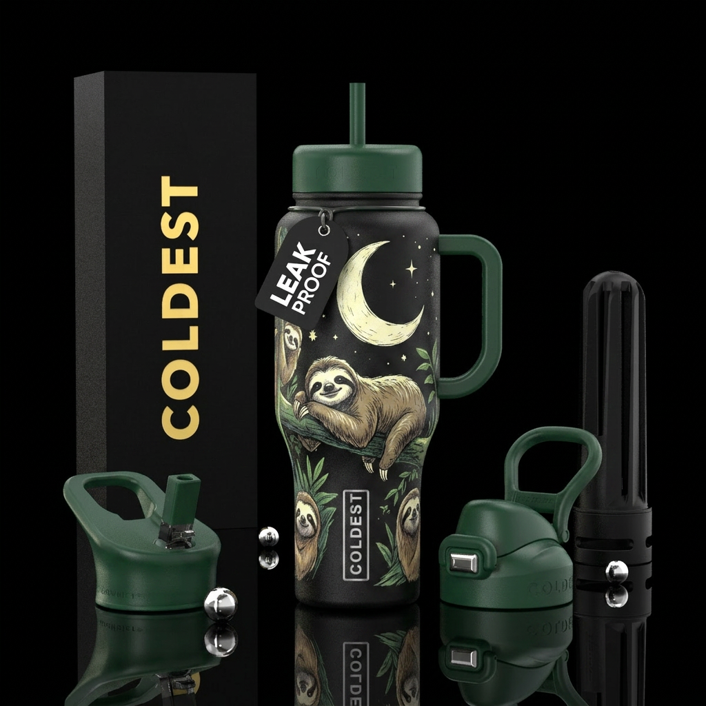 Sketched sloths in the moonlight and stars in thei... water bottle design