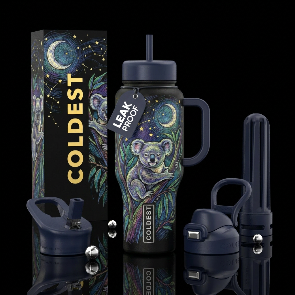 Sketched koalas in the moonlight and stars in thei... water bottle design