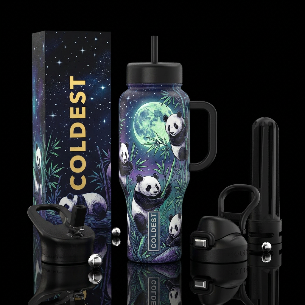 Sketched pandas in the moonlight and stars in thei... water bottle design