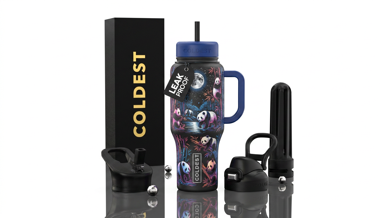 Sketched pandas in the moonlight and stars in thei... water bottle design