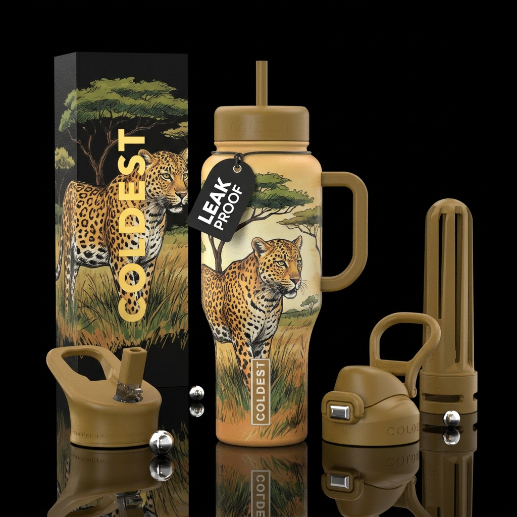 Sketched leopard in their natural habitat plain ha... water bottle design