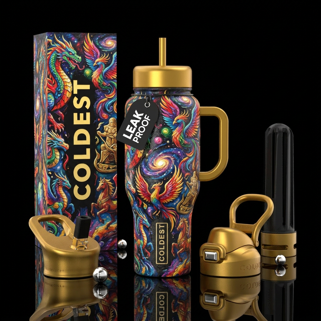 pop art, vibrant, magical, fantasy, realism, mythi... water bottle design