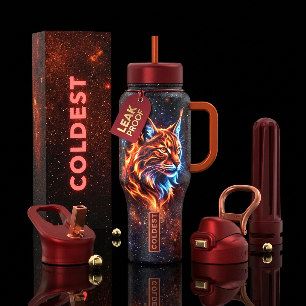 lynx, glowie, orange, crimson, sparkly, shiny, bea... water bottle design