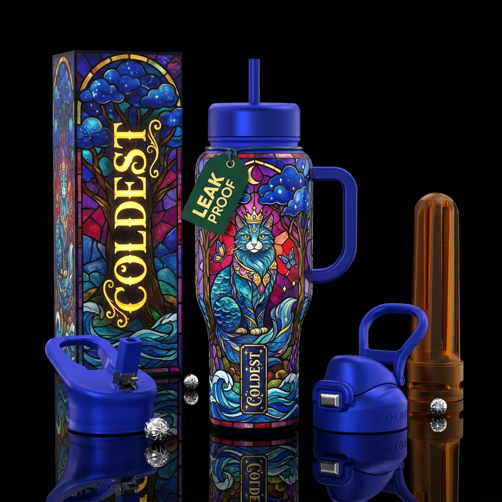 stained glass, clouds, trees, whimsical, luxurious... water bottle design