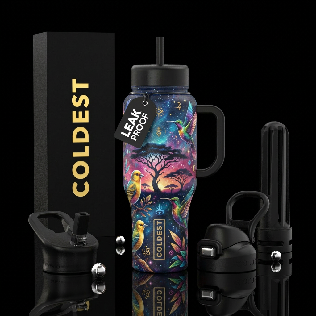 African art, magic, vibrant, realism, modern, tree... water bottle design