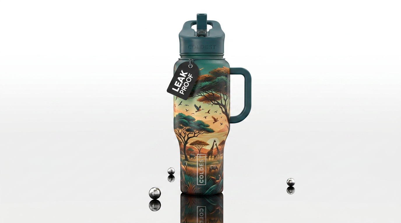 African art, magic, vibrant, realism, modern, tree... water bottle design