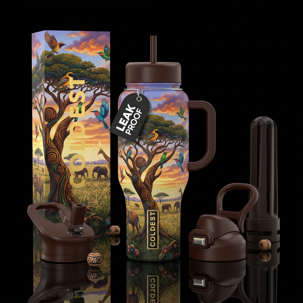 African art, magic, vibrant, realism, modern, tree... water bottle design
