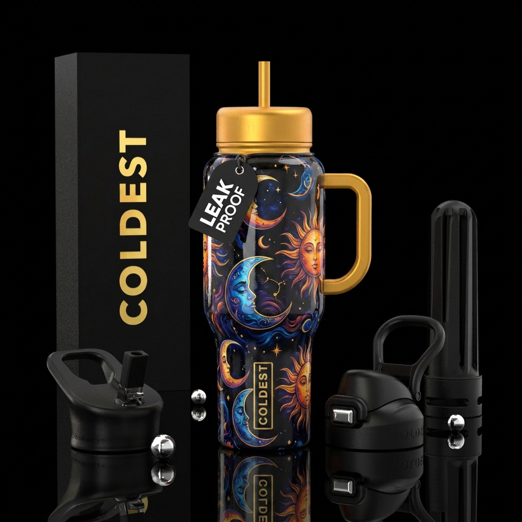 Moon and sun shiny water bottle design
