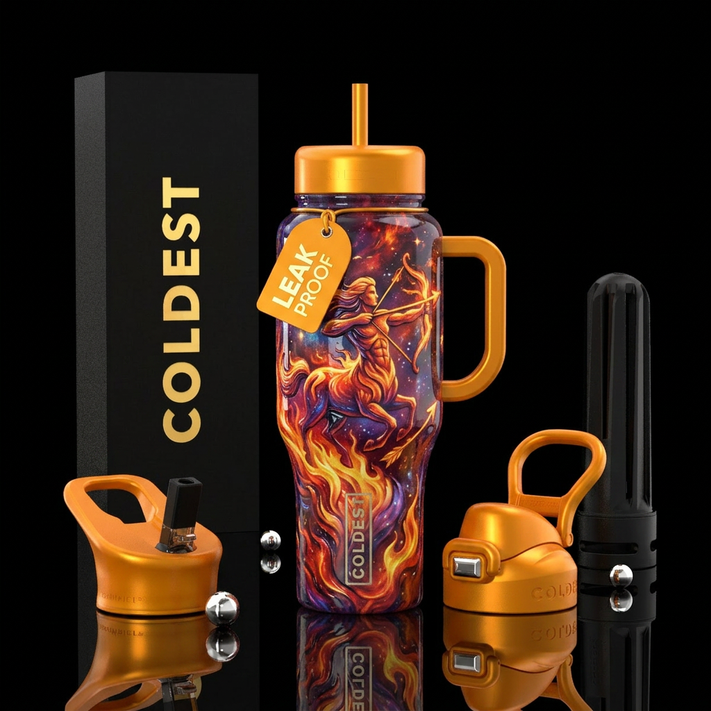 zodiac sagittarius, flames,  inbued, shiny, vibran... water bottle design