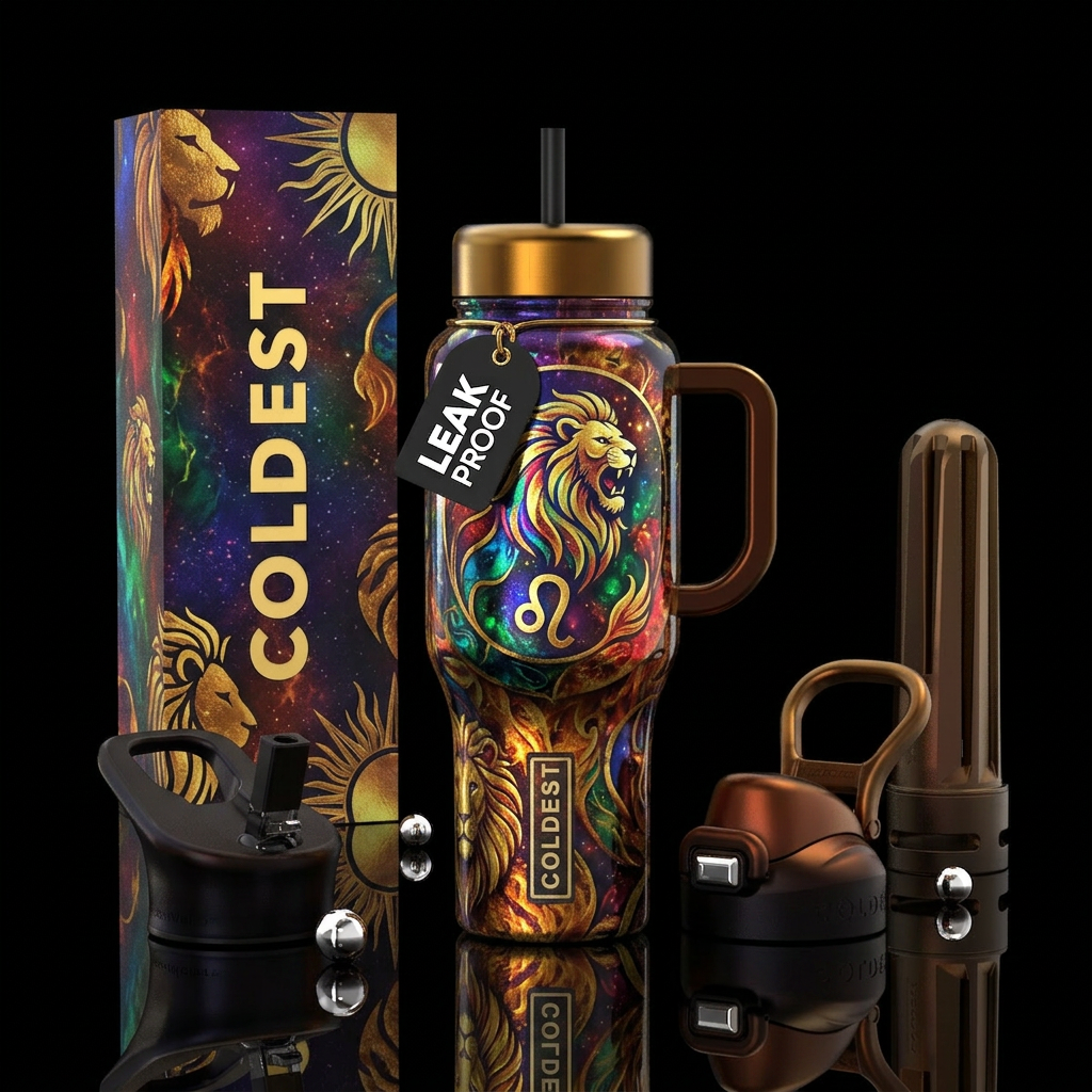 zodiac leo, inbued, shiny, vibrant, beautiful, uni... water bottle design