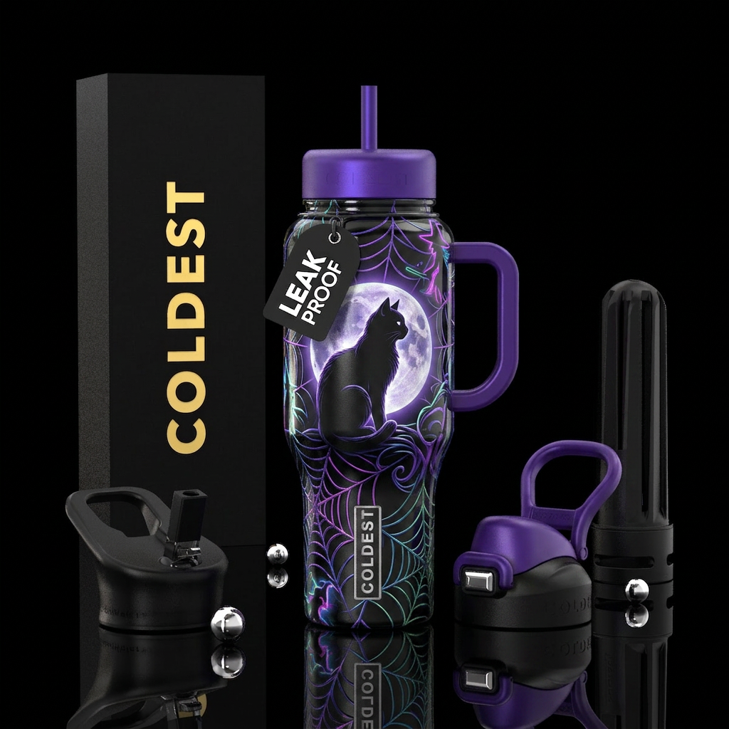 Black cat by the full moon, purple blue and green ... water bottle design