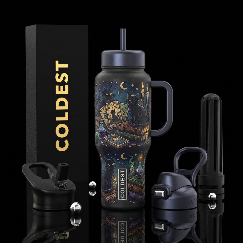 Black cat tarot books potions plain handle and top water bottle design