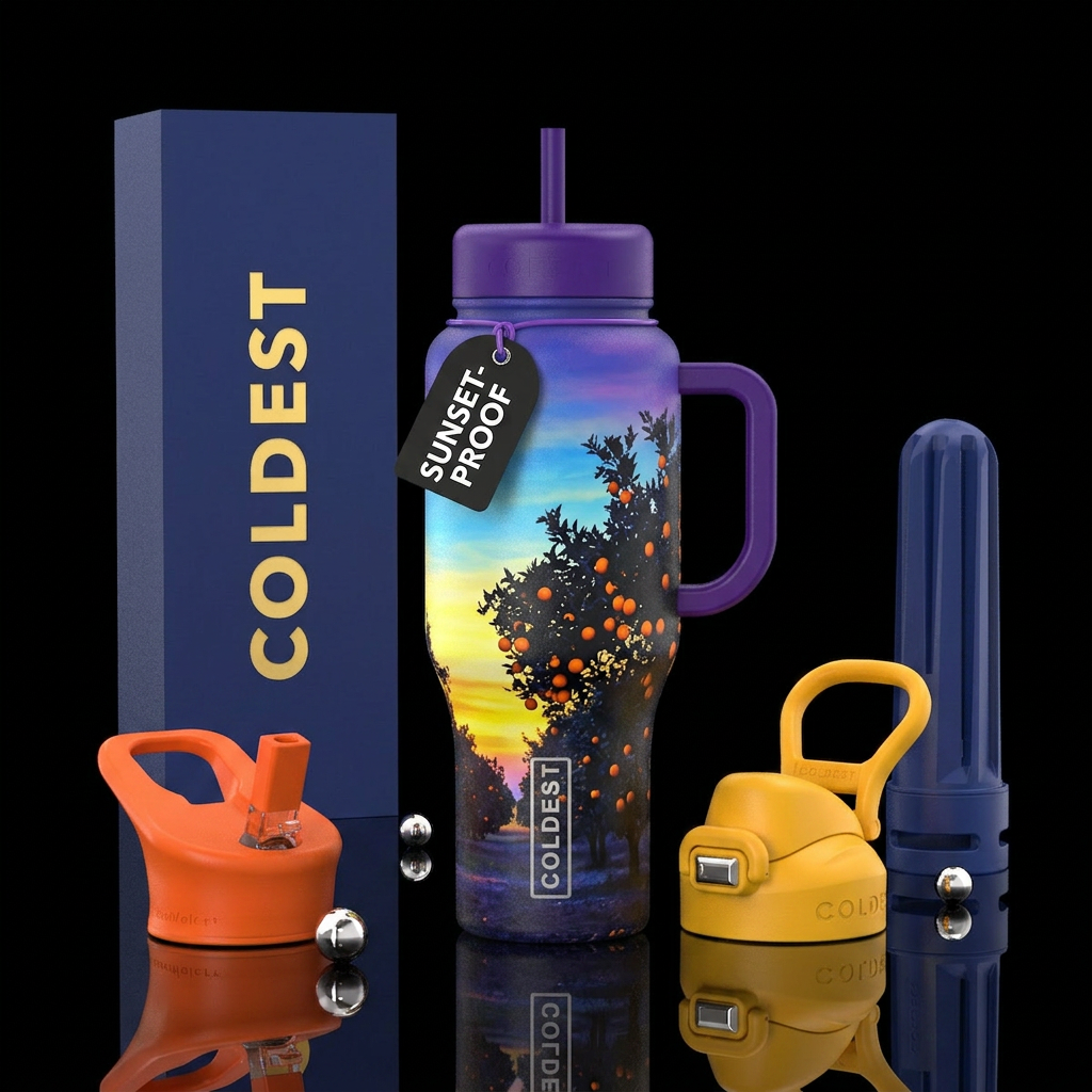 Orange trees yellow blue and purple sunset water bottle design