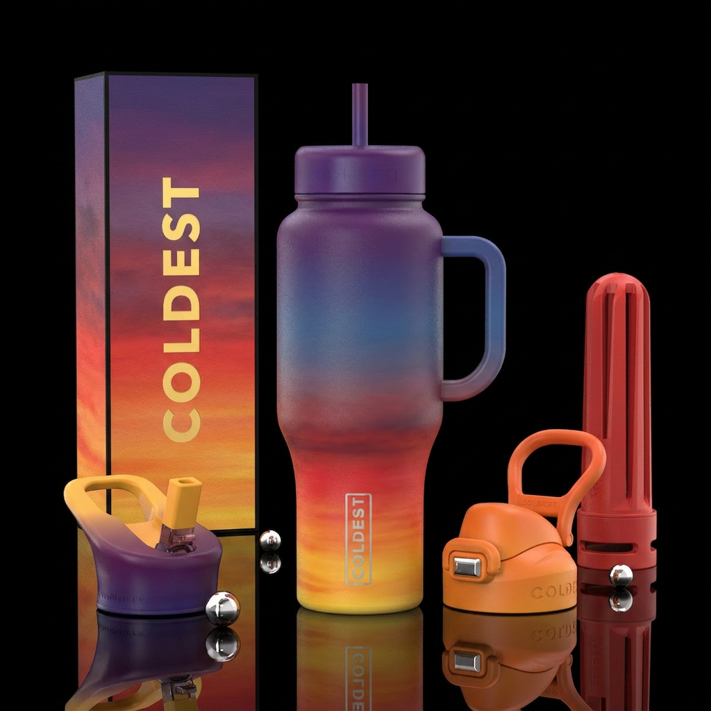 Orange red yellow blue and purple sunset water bottle design