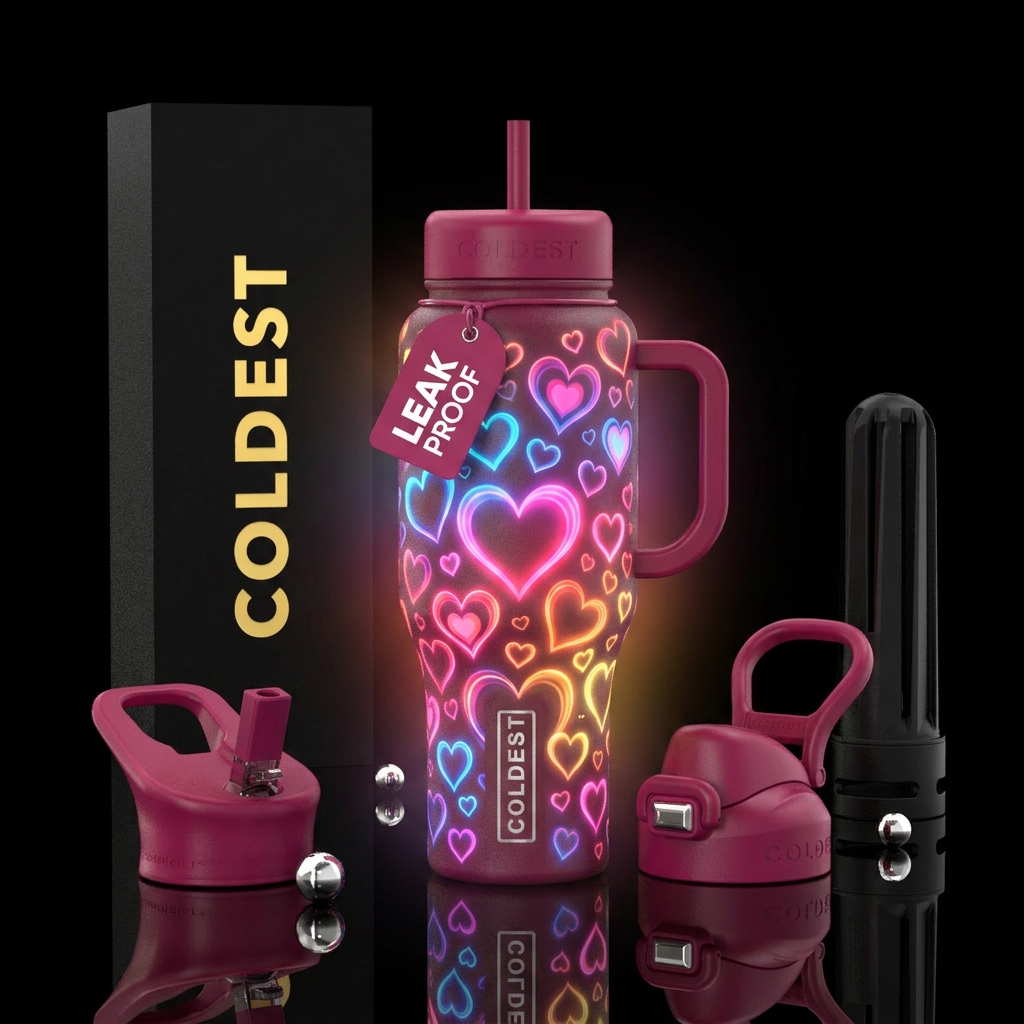 Multi colored heart glowie water bottle design